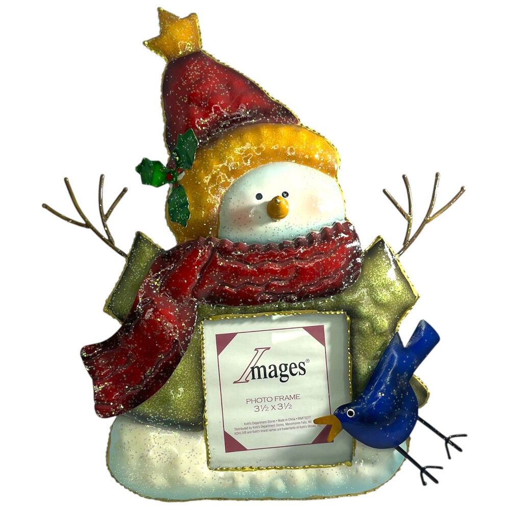 VTG Kohls Images 3D Metal Snowman Picture Frame Christmas Glitter Bluebird 3.5